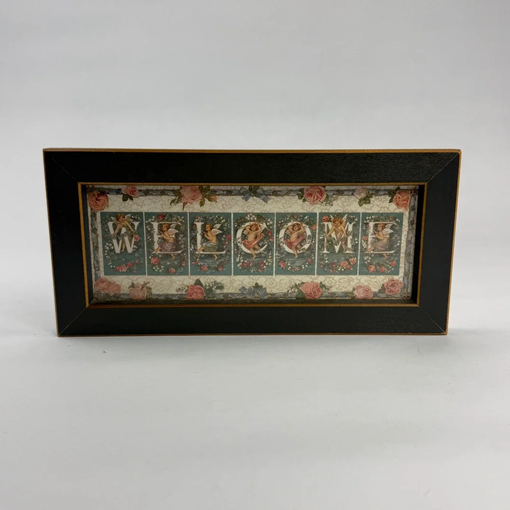 Vintage Victorian Style Welcome Sign Framed Cherub Angel Floral Wall Art Decor